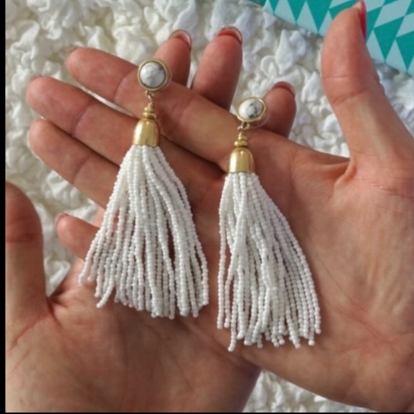 Stella & Dot Gita beaded Tassel earrings white and gold - Picture 11 of 11
